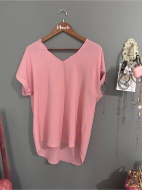 Pink Rose Pink V-Neck High-Low Short Sleeve Tunic